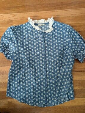 Blue Floral Eyelet Collar Blouse